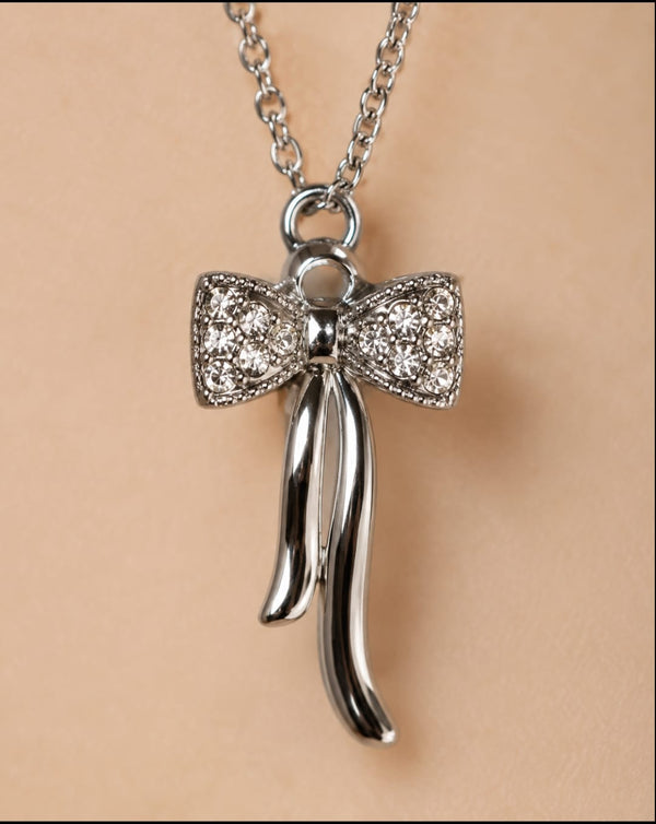 Sparkling Bow Pendant Necklace β Elegant Silver Bow Charm Necklace for Women