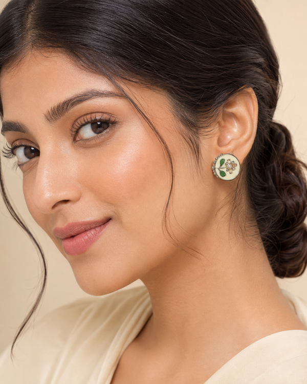 Shreevika Floral Pearl Enamel Stud Earrings | White Enamel Flower Design | Silver-Tone Lightweight Stud Earrings for Women & Girls | Elegant Fashion Jewelry