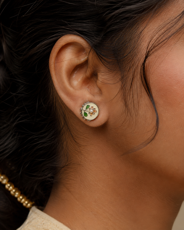 Shreevika Floral Pearl Enamel Stud Earrings | White Enamel Flower Design | Silver-Tone Lightweight Stud Earrings for Women & Girls | Elegant Fashion Jewelry