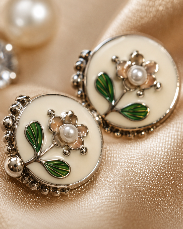 Shreevika Floral Pearl Enamel Stud Earrings | White Enamel Flower Design | Silver-Tone Lightweight Stud Earrings for Women & Girls | Elegant Fashion Jewelry