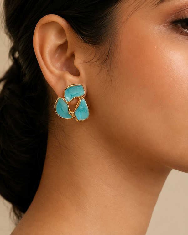 Shreevika Aqua Blue Enamel Abstract Stud Earrings | Gold-Tone Contemporary Geometric Earrings for Women & Girls | Lightweight Statement Fashion Jewelry