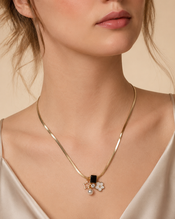 Chain Necklace with Black Stone, Pearl, Crystal, Star & Floral Charms | Korean Fashion Jewelry