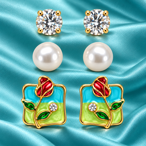 Shreevika Set of 3 Crystal, Pearl and Turquoise Rose Stud Earrings for Women