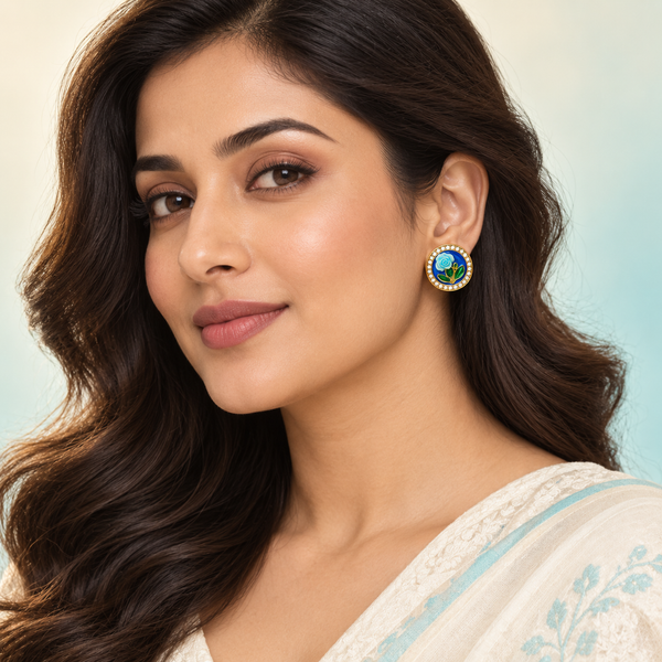 Shreevika Set of 3 Gold-Plated Crystal, Pearl and Blue Floral Stud Earrings for Women
