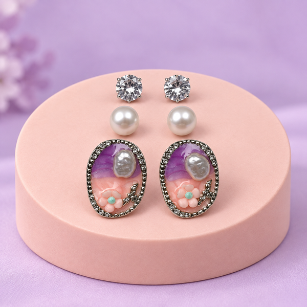 Shreevika Purple & Peach Floral Stud Earrings Combo – 3 Pairs