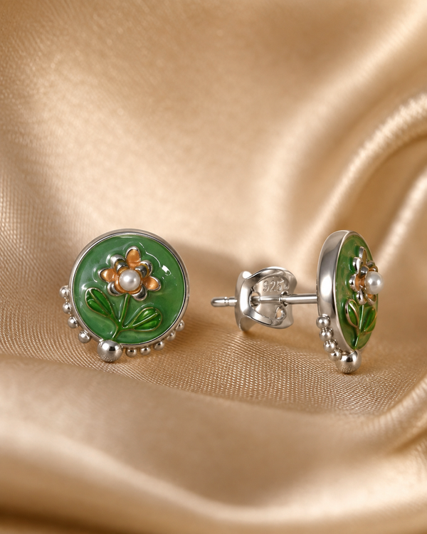 3 Pairs Green Floral Stud Earrings Set for Women | Enamel Flower, Pearl & CZ Diamond Stud Earrings | Gold-Plated Fashion Jewelry