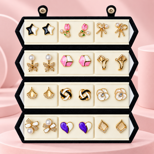 Shreevika Combo of 12 Pairs Gold-Tone Stud Earrings for Women & Girls | Pearl, Floral, Heart, Star & Bow Designs | Contemporary Fashion Jewellery
