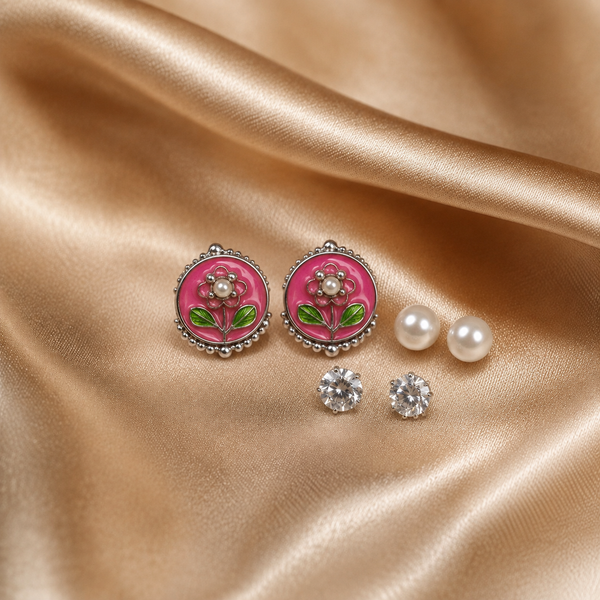3 Pairs Pink Floral Stud Earrings Set for Women | Floral Enamel, Pearl & CZ Diamond Studs | Silver-Plated Fashion Jewelry