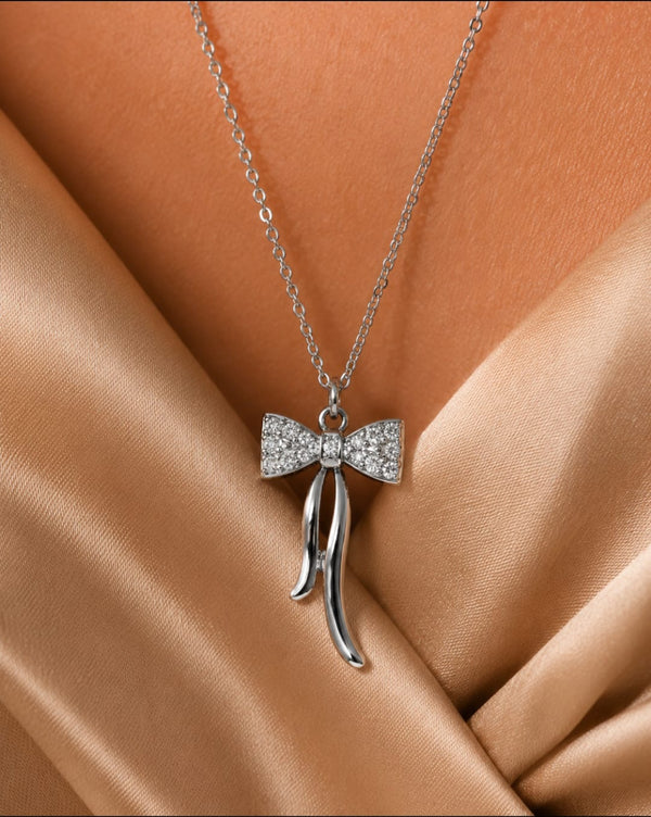 Sparkling Bow Pendant Necklace β Elegant Silver Bow Charm Necklace for Women