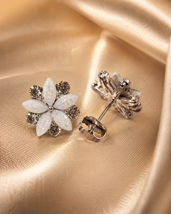 Shreevika White Opal Flower Stud Earrings | Silver-Tone Crystal Floral Stud Earrings for Women & Girls | Elegant Party Wear Fashion Jewelry