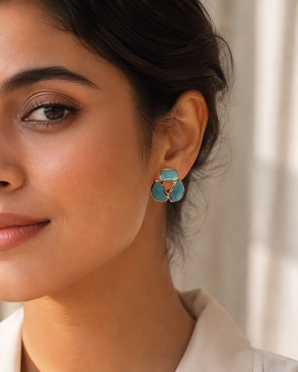 Shreevika Aqua Blue Enamel Abstract Stud Earrings | Gold-Tone Contemporary Geometric Earrings for Women & Girls | Lightweight Statement Fashion Jewelry