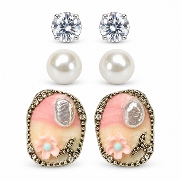 Shreevika Set of 3 Crystal, Pearl and Pink Floral Stud Earrings for Women