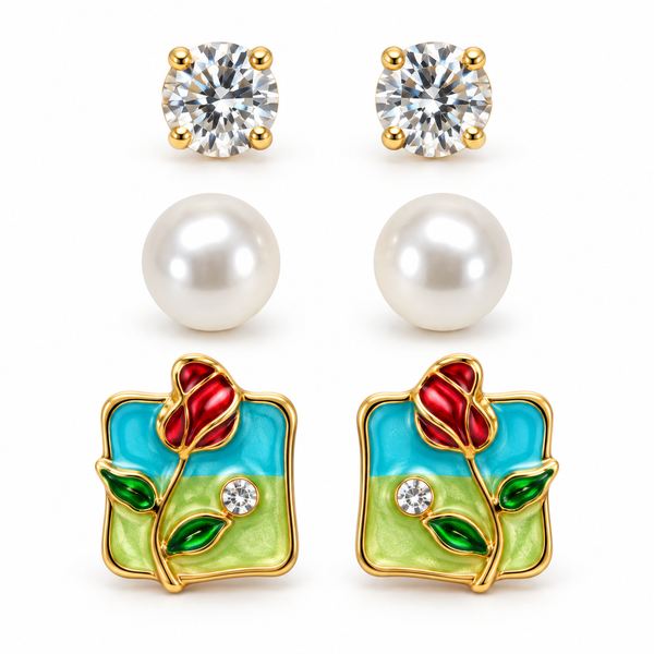 Shreevika Set of 3 Crystal, Pearl and Turquoise Rose Stud Earrings for Women