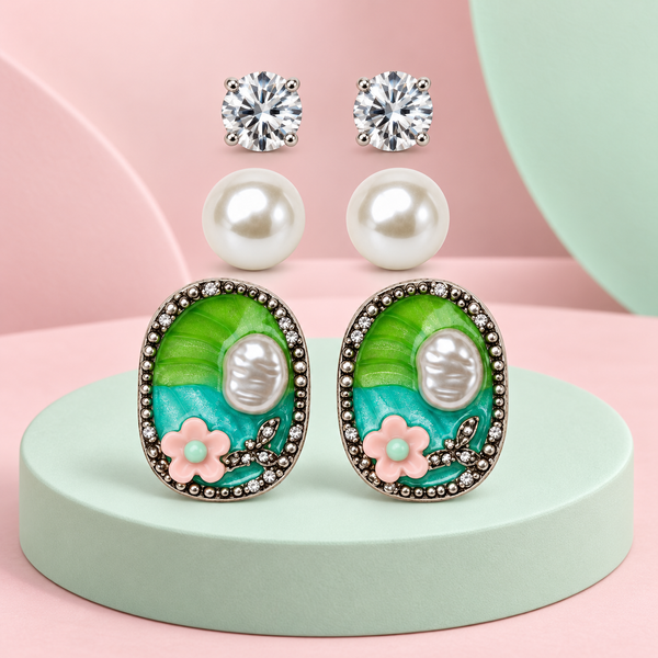 Shreevika Silver-Tone Stud Earrings Combo for Women – Pack of 3