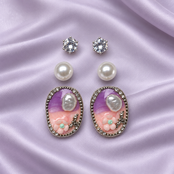 Shreevika Purple & Peach Floral Stud Earrings Combo – 3 Pairs