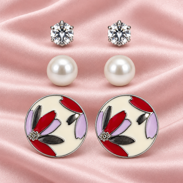Shreevika Floral, Pearl-Look & Clear Stud Earrings Combo – 3 Pairs
