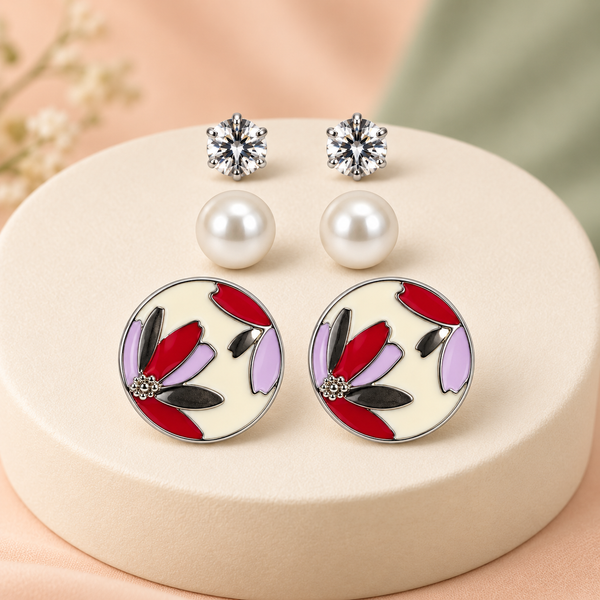 Shreevika Floral, Pearl-Look & Clear Stud Earrings Combo – 3 Pairs