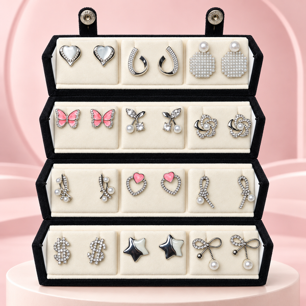 Shreevika Combo of 12 Pairs Stylish Stud Earrings for Women & Girls | Pearl, Butterfly, Heart, Floral & Bow Designs | Silver-Tone Fashion Jewellery