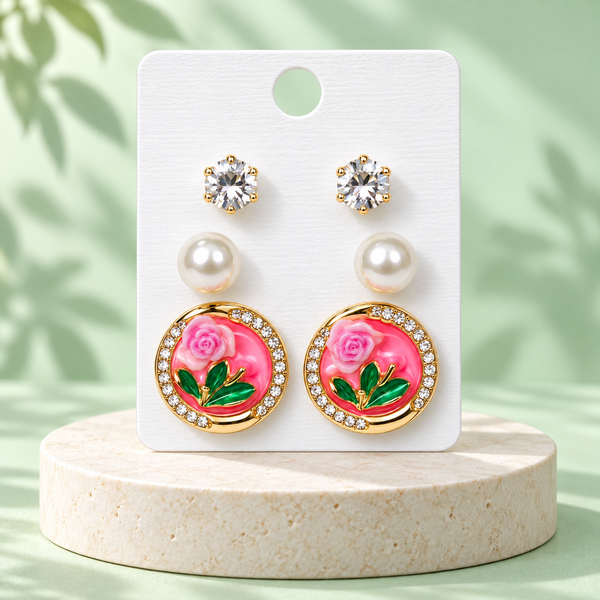 Shreevika Combo of 3 Pairs Stud Earrings for Women & Girls | Crystal, Pearl and Pink Floral Earrings | Gold-Tone Contemporary Fashion Jewellery