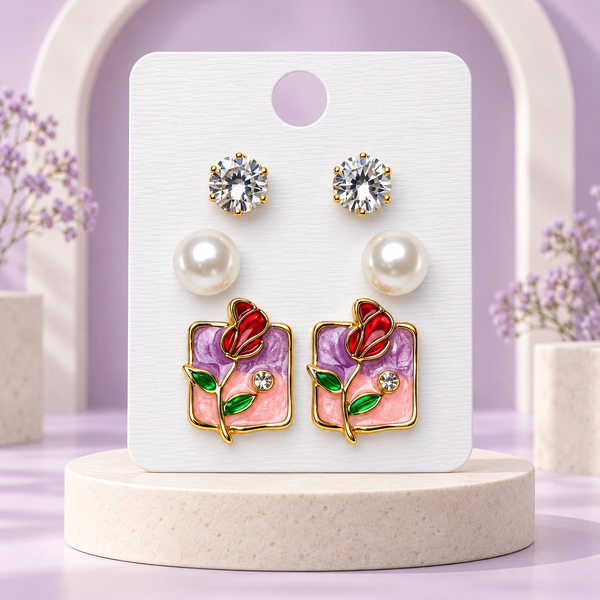 Shreevika Combo of 3 Pairs Stud Earrings for Women & Girls | Crystal, Pearl and Rectangular Floral Earrings | Gold-Tone Contemporary Fashion Jewellery