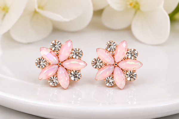 Pink Blossom Crystal Stud Earrings for Women | Rose Gold-Plated Floral Earrings | Elegant Party & Daily Wear Jewelry