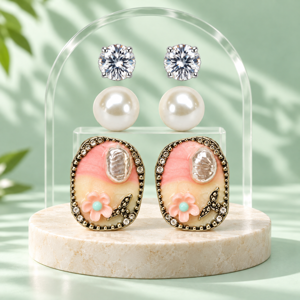 Shreevika Set of 3 Crystal, Pearl and Pink Floral Stud Earrings for Women