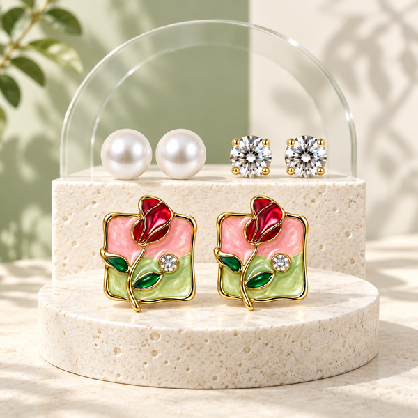 Shreevika Gold-Plated Floral Stud Earrings Combo for Women & Girls – Pack of 3 Pairs