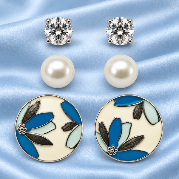 Shreevika Blue Floral, Pearl-Look & Clear Stud Earrings – 3 Pairs